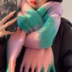 THICK SOFT OVERSIZED PLAID BLANKET SCARF WITH WIDE OR THICK‎ TASSELS ACRYLIC-NEW